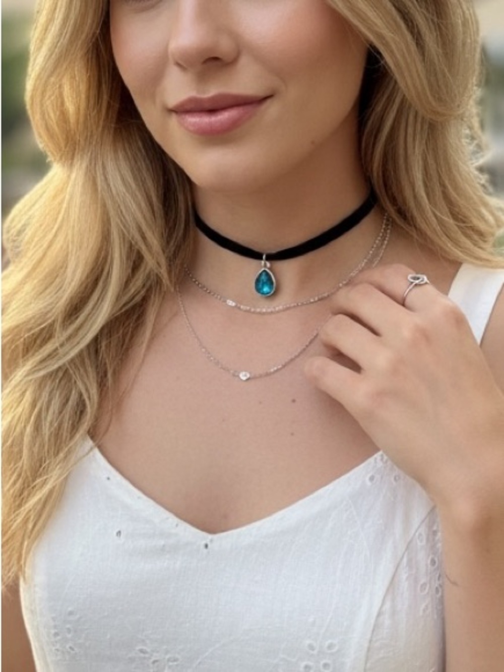 Aqua Teardrop pendant charm choker necklace great for layering too